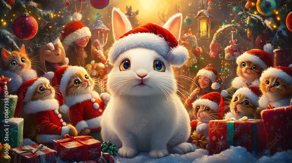 Obraz premium A festive scene of a white rabbit in a Santa hat surrounded by colorful Christmas decorations, big-eyed people smiling, and cheerful kittens wearing Santa suits in a vibrant, snowy scene