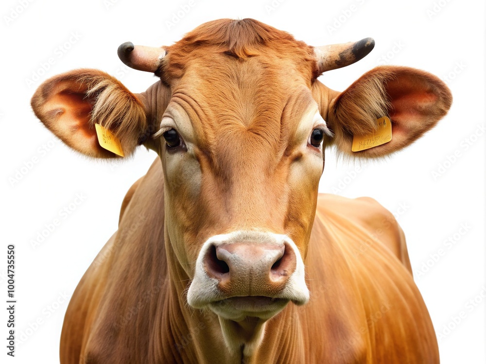 A serene brown cow with a slight furrowed brow and gentle eyes stands against a clean white background, showcasing its natural beauty and innocence. A serene brown cow with a slight furrowed brow and gentle eyes stands against a clean white background, showcasing its natural beauty and innocence.