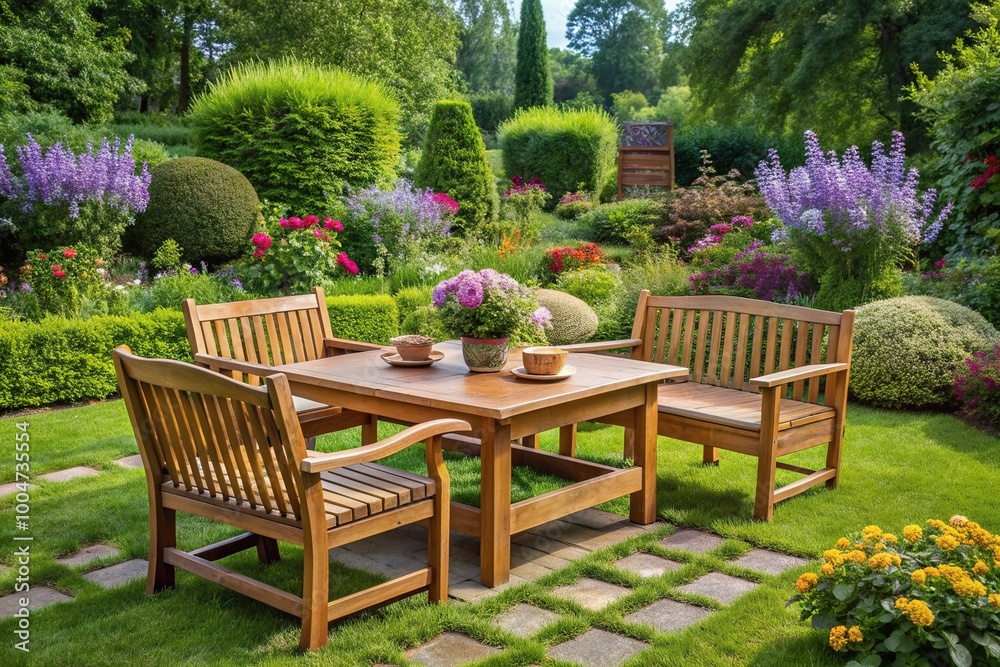 A serene outdoor setting features a beautifully crafted wooden garden furniture set, comprised of a bench, chairs, and table, surrounded by lush greenery and flowers. A serene outdoor setting features a beautifully crafted wooden garden furniture set, comprised of a bench, chairs, and table, surrounded by lush greenery and flowers.