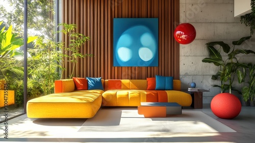 Wallpaper Mural Vibrant modern living room, colorful L-shaped sofa, yellow and orange upholstery, blue throw pillow, wooden slat wall, concrete wall, large window, sunlight and shadows, minimalist decor, potted plant Torontodigital.ca