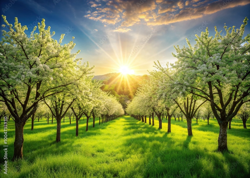 A stylized illustration of a lush green orchard with blooming trees and a subtle sun symbol, perfect for a logo or branding for a natural business. A stylized illustration of a lush green orchard with blooming trees and a subtle sun symbol, perfect for a logo or branding for a natural business.
