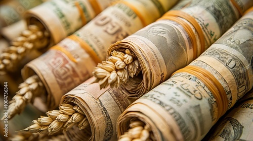 Soaring wheat costs, a scarcity of grains, a food crisis, and starvation are all represented by ripe wheat ears in rolled-up dollar notes. 