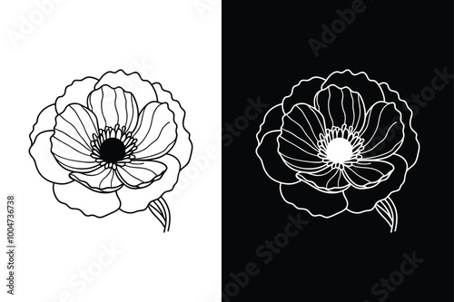 Poppy flower illustration vector lineout icon on white background.	