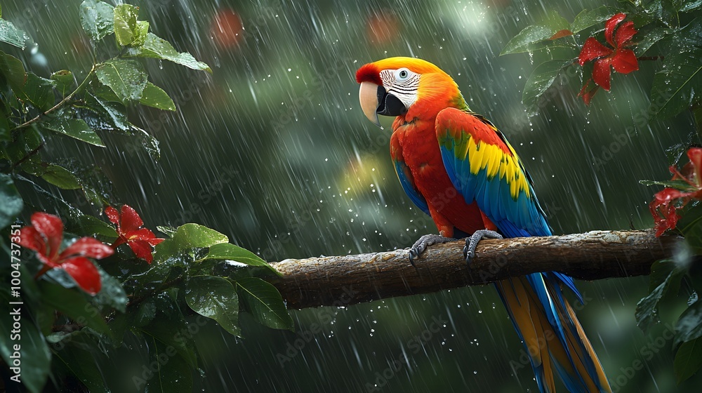 Obraz premium A colorful parrot is perched on a branch in the rain. The parrot is surrounded by green leaves and red flowers.