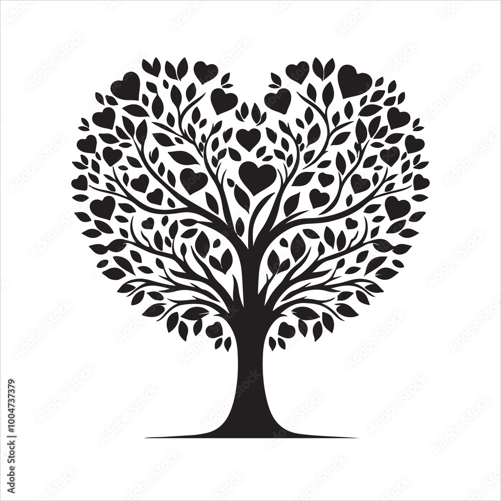 Fototapeta premium love tree with heart leaves silhouette on white background 