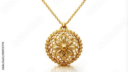 Elegant 18k gold necklace featuring a delicate, intricately designed pendant with subtle texture and modern flair, perfect for fashion or jewelry advertising. photo