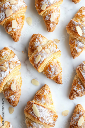 Close-up of freshly baked almond croissants stacked together on white mackground photo