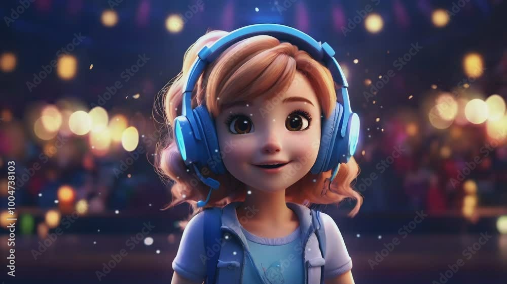 cartoon illustration of a beautiful girl wearing a headset with a background of sparkling colorful lights cartoon illustration of a beautiful girl wearing a headset with a background of sparkling colorful lights
