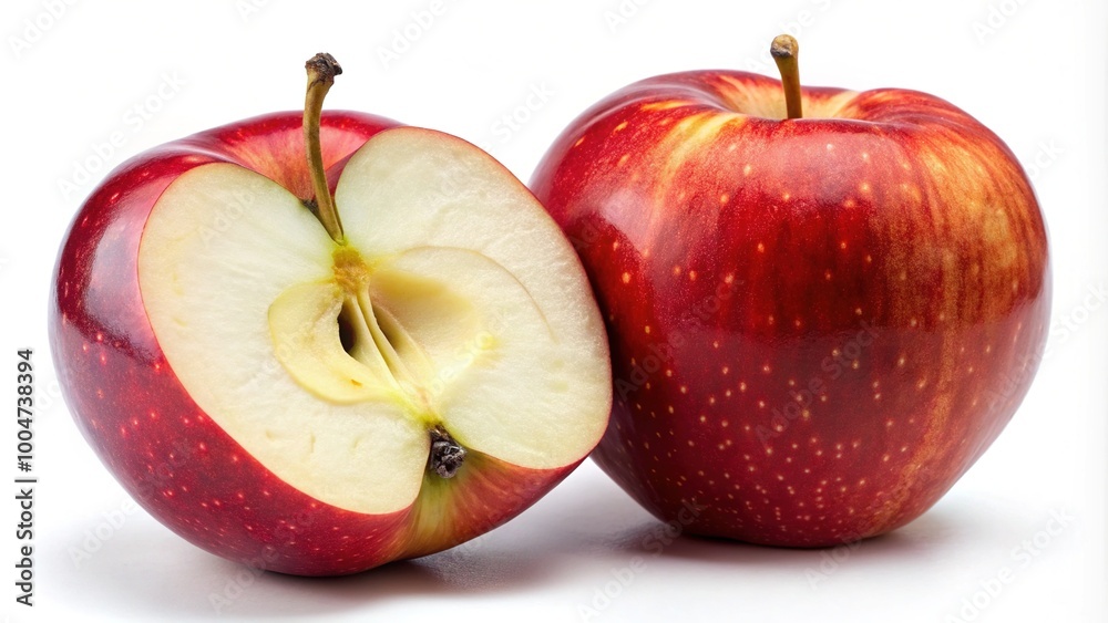 Freshly sliced crimson apple halved to reveal juicy interior and crunchy white flesh, set against a clean white background with subtle shadows. Freshly sliced crimson apple halved to reveal juicy interior and crunchy white flesh, set against a clean white background with subtle shadows.