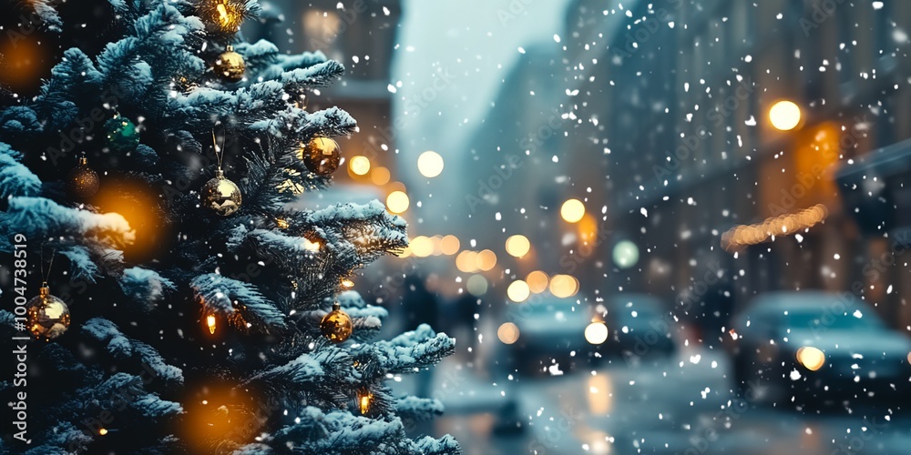 A beautiful Christmas tree with lights on it is standing in the snow. The lights on the tree are twinkling and shining brightly, creating a warm and festive atmosphere A beautiful Christmas tree with lights on it is standing in the snow. The lights on the tree are twinkling and shining brightly, creating a warm and festive atmosphere