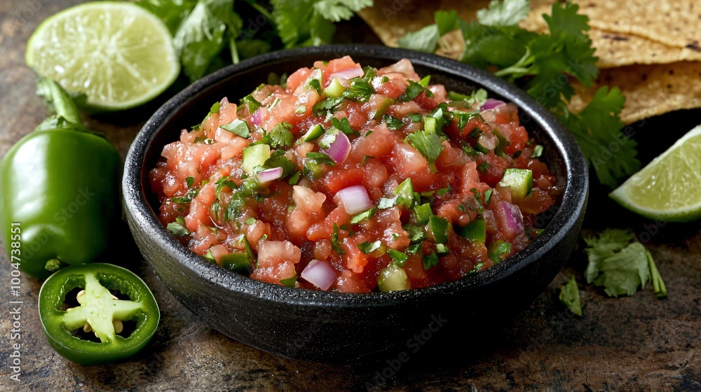A bowl of fresh tomato salsa surrounded by jalapenos, lime wedges, cilantro, and diced onions on a rustic stone surface A bowl of fresh tomato salsa surrounded by jalapenos, lime wedges, cilantro, and diced onions on a rustic stone surface