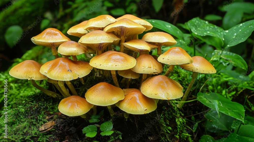 Mushrooms growing in a lush forest setting Mushrooms growing in a lush forest setting