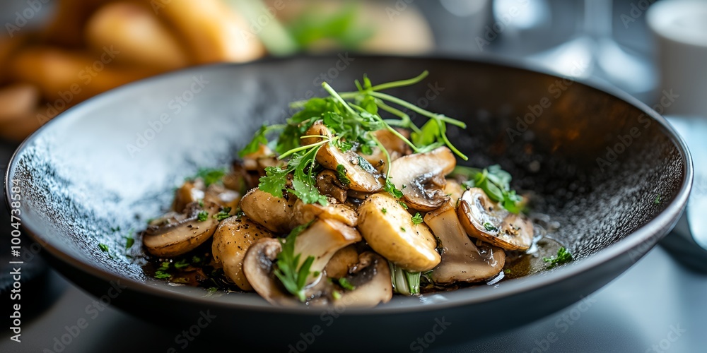 A black bowl of mushrooms and parsley. The mushrooms are cut into small pieces and are spread out across the bowl. The parsley is scattered around the mushrooms, adding a pop of color to the dish A black bowl of mushrooms and parsley. The mushrooms are cut into small pieces and are spread out across the bowl. The parsley is scattered around the mushrooms, adding a pop of color to the dish