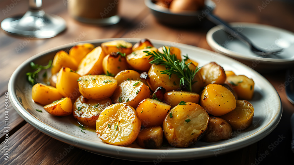 A beautifully styled plate featuring a gourmet potato dish, with perfectly roasted potatoes garnished with fresh herbs, set on a rustic wooden table with soft, natural lighting. A beautifully styled plate featuring a gourmet potato dish, with perfectly roasted potatoes garnished with fresh herbs, set on a rustic wooden table with soft, natural lighting.