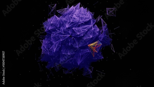 Abstract geometric violet crystal, futuristic dot connector, diamond, on black background, 3d rendered, creativity, technology	