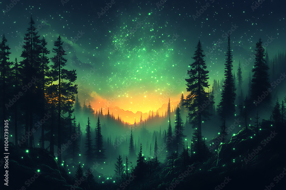 illustration featuring digital abstract technology with space for titles, layered over a forest background. Ideal for tech design concepts.	
