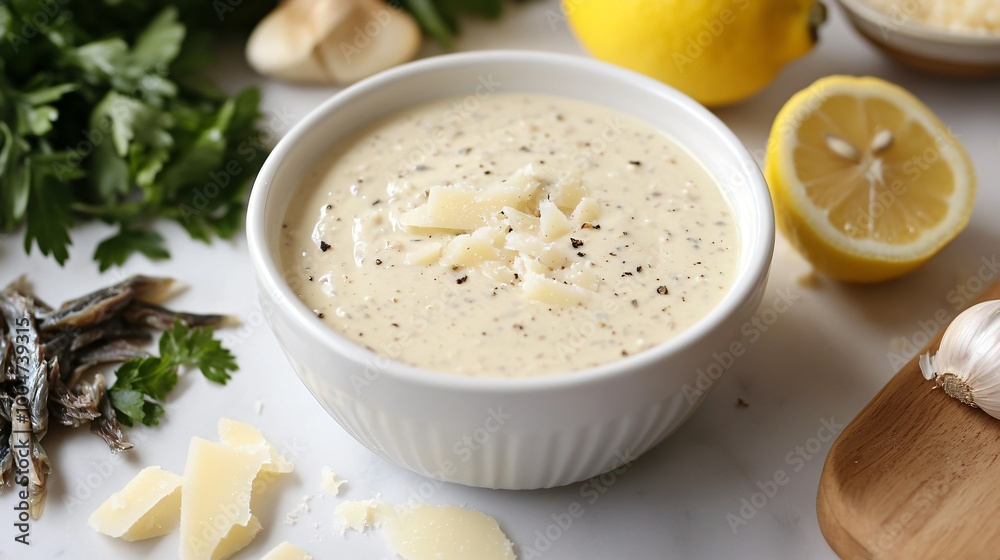 A creamy Caesar dressing in a small white bowl surrounded by anchovies, garlic, parmesan, and lemon slices A creamy Caesar dressing in a small white bowl surrounded by anchovies, garlic, parmesan, and lemon slices