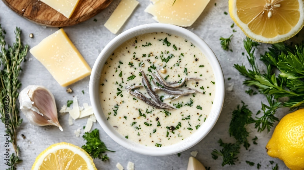 A creamy Caesar dressing in a small white bowl surrounded by anchovies, garlic, parmesan, and lemon slices A creamy Caesar dressing in a small white bowl surrounded by anchovies, garlic, parmesan, and lemon slices