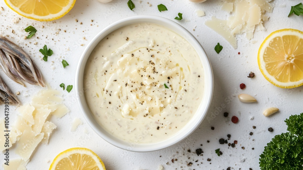 A creamy Caesar dressing in a small white bowl surrounded by anchovies, garlic, parmesan, and lemon slices A creamy Caesar dressing in a small white bowl surrounded by anchovies, garlic, parmesan, and lemon slices