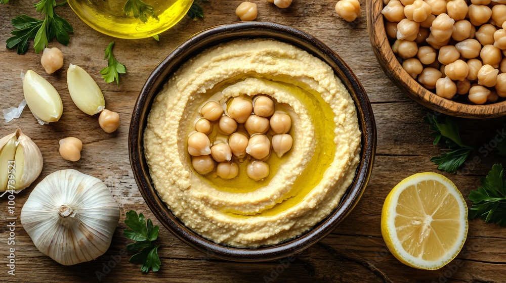 A creamy hummus bowl surrounded by chickpeas, olive oil, garlic, and lemon slices on a rustic wooden board A creamy hummus bowl surrounded by chickpeas, olive oil, garlic, and lemon slices on a rustic wooden board