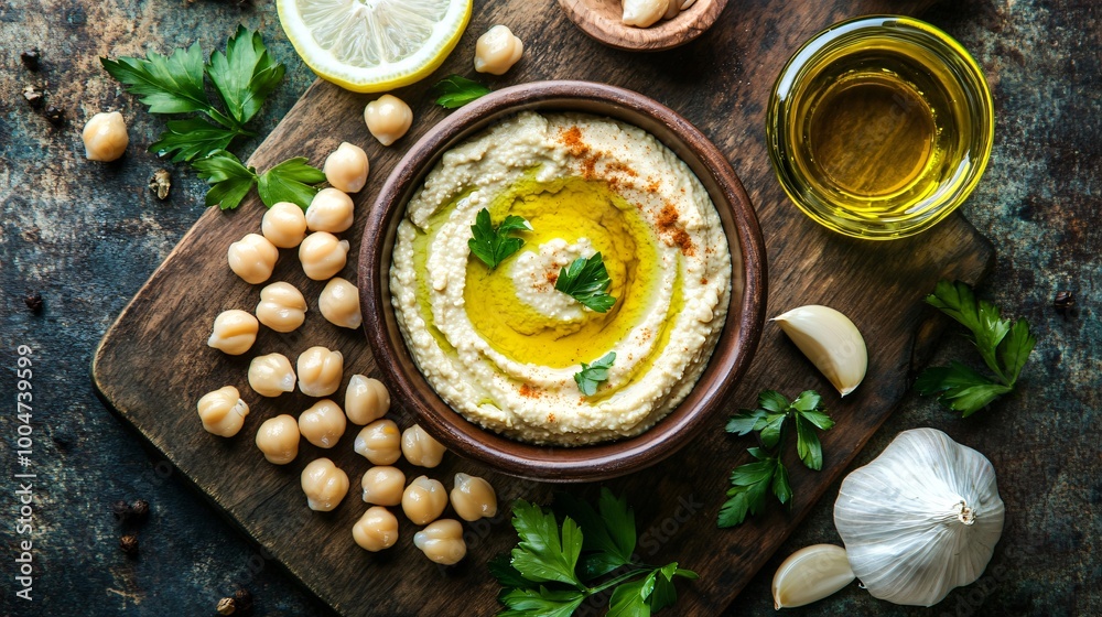 A creamy hummus bowl surrounded by chickpeas, olive oil, garlic, and lemon slices on a rustic wooden board A creamy hummus bowl surrounded by chickpeas, olive oil, garlic, and lemon slices on a rustic wooden board