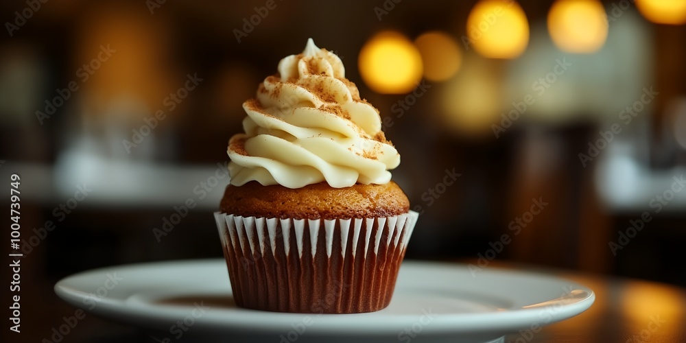 A cupcake with a white frosting and sprinkles on top. The cupcake is sitting on a white plate A cupcake with a white frosting and sprinkles on top. The cupcake is sitting on a white plate