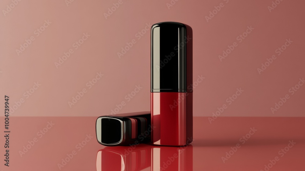 Two red and black lipsticks are displayed on a red surface Two red and black lipsticks are displayed on a red surface
