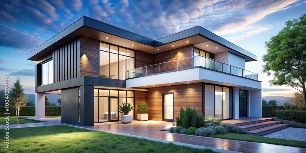 Modern minimalist exterior design concept with clean lines, large windows, and sleek rooflines, presented in a precise and detailed architectural illustration blueprint. Modern minimalist exterior design concept with clean lines, large windows, and sleek rooflines, presented in a precise and detailed architectural illustration blueprint.