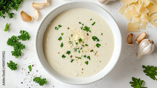 A rich and creamy Alfredo sauce in a white bowl surrounded by garlic cloves, fresh parsley, and grated parmesan