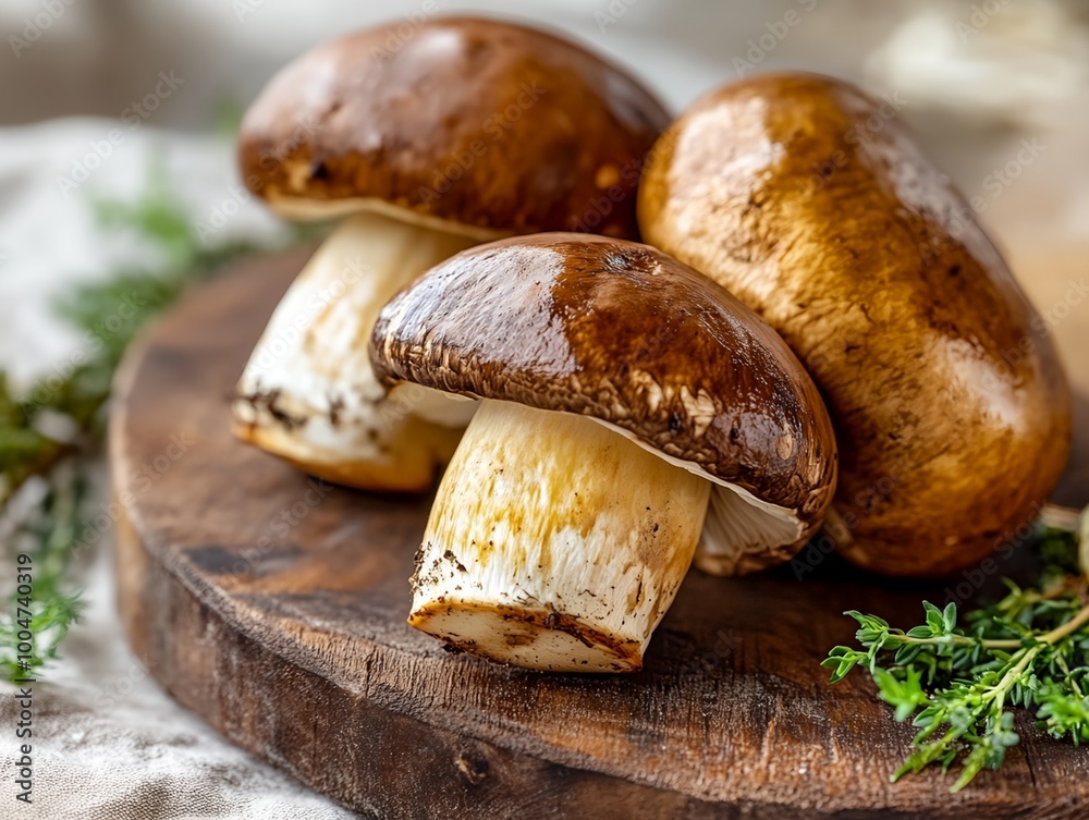 Three mushrooms are sitting on a wooden cutting board. The mushrooms are brown and have a slightly fuzzy appearance. The cutting board is covered in green herbs, giving the scene a fresh Three mushrooms are sitting on a wooden cutting board. The mushrooms are brown and have a slightly fuzzy appearance. The cutting board is covered in green herbs, giving the scene a fresh