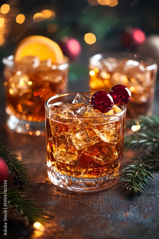 A glass of liquor with a cherry on top. The drink is served in a glass with ice A glass of liquor with a cherry on top. The drink is served in a glass with ice