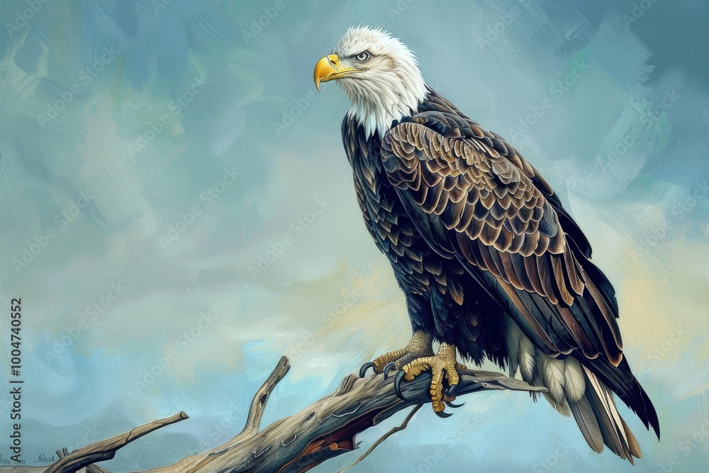 Obraz premium Majestic Bald Eagle Perched on Snowy Branch Against Clear Blue Sky