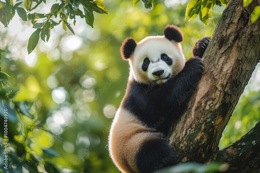 Close-up of a cute panda bear sitting on a tree Close-up of a cute panda bear sitting on a tree