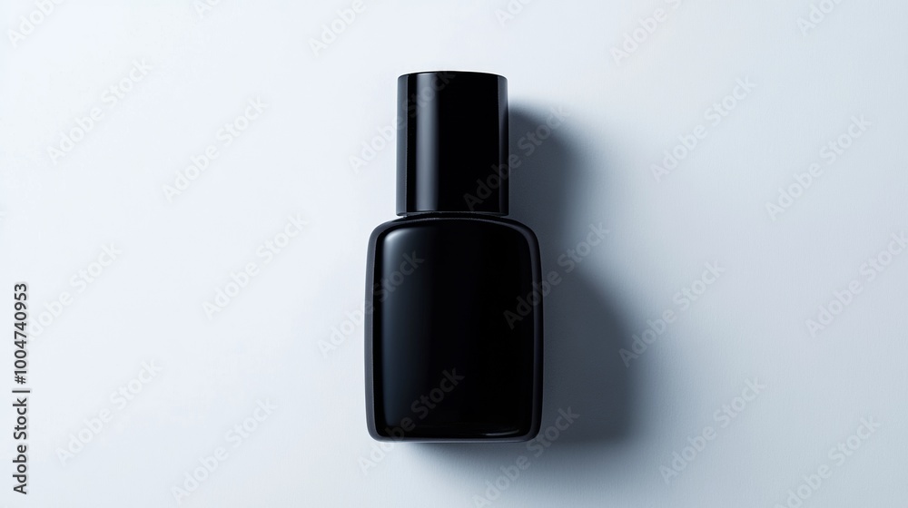 A black bottle with a black cap sits on a white background A black bottle with a black cap sits on a white background