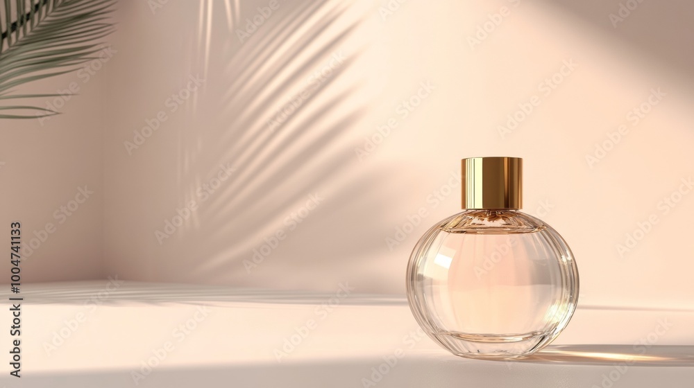 A bottle of perfume is sitting on a table in front of a wall A bottle of perfume is sitting on a table in front of a wall