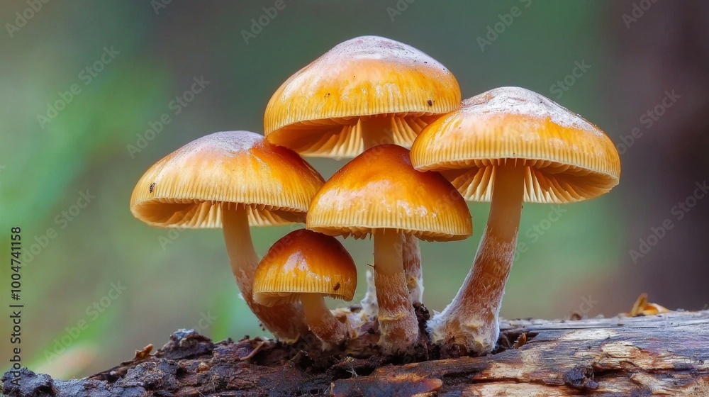 A forest scene with mushrooms growing on a fallen log, surrounded by moss and leaves A forest scene with mushrooms growing on a fallen log, surrounded by moss and leaves