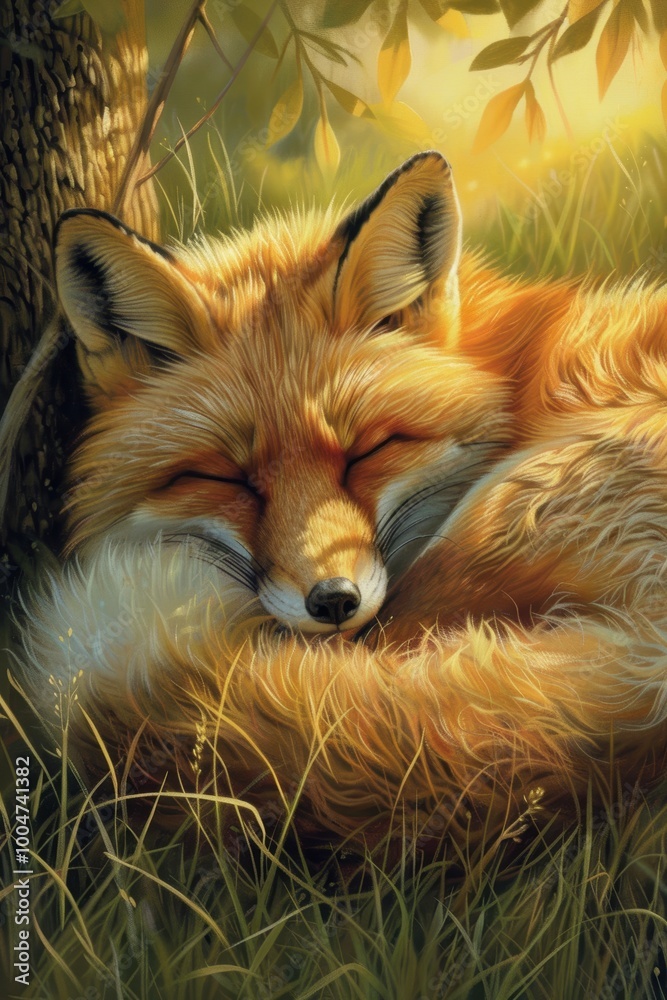 Fototapeta premium Peaceful Red Fox Resting in a Sunlit Grassy Meadow Under a Tree - Tranquil Wildlife Scene for Wall Art