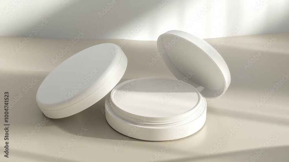 Two white containers of makeup sit on a table Two white containers of makeup sit on a table