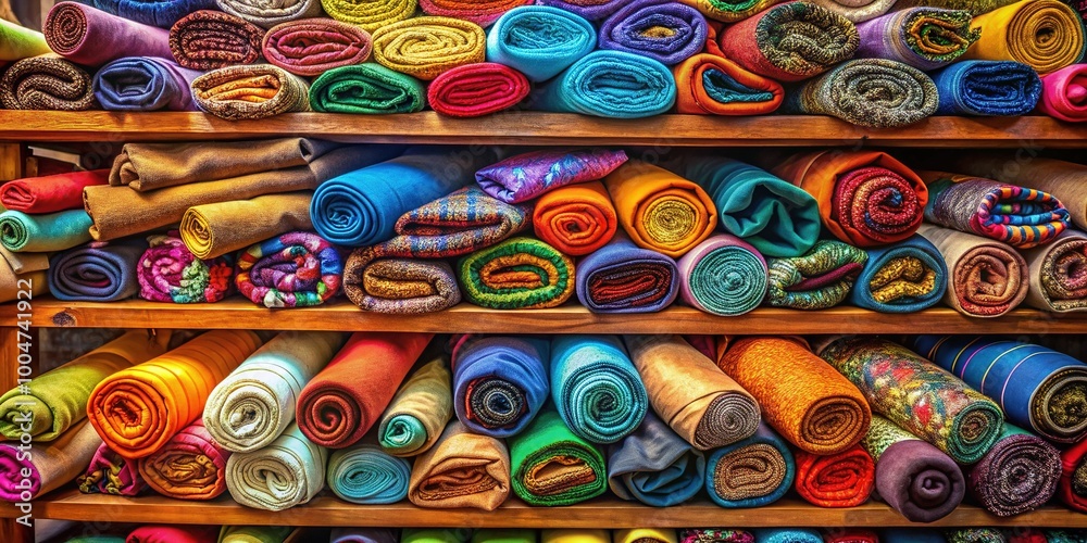 Obraz premium Vibrant rolls of colorful fabric stacked haphazardly on a wooden shelf, with folded textiles and threads spilling out, creating a kaleidoscope of textures and hues.