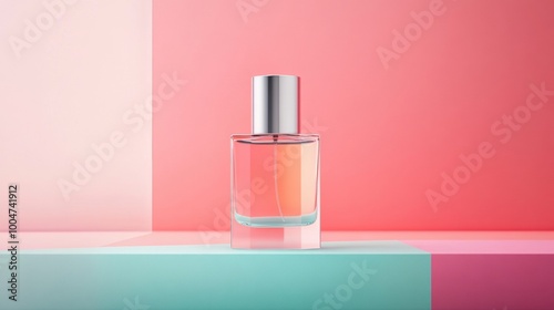 A bottle of perfume is sitting on a pink background