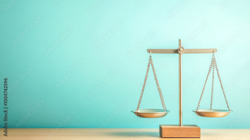 Balance scale standing on wooden desk with light blue background Balance scale standing on wooden desk with light blue background