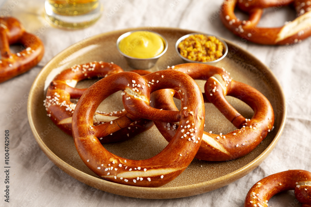 Homemade Bavarian-Style Soft Pretzels with Salt and Beer, side view. Homemade Bavarian-Style Soft Pretzels with Salt and Beer, side view.