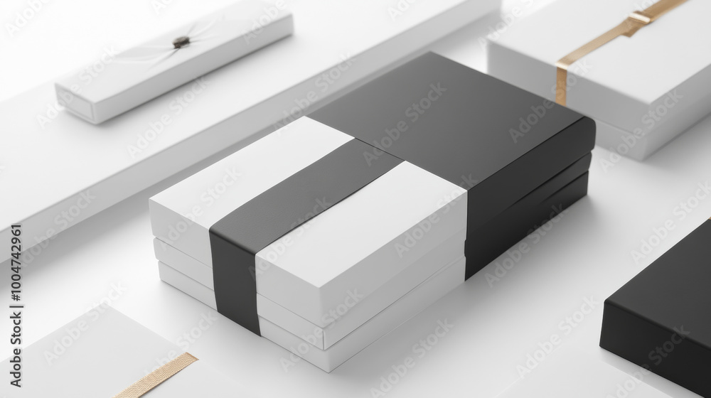 A stack of white and black boxes with a gold ribbon A stack of white and black boxes with a gold ribbon