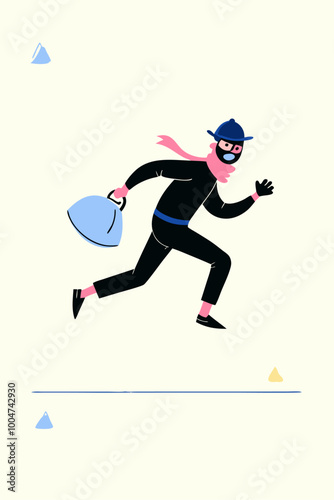 A thief in a black mask on his face is running with a bag in his hand. Flat style. Vector illustration.