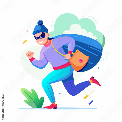 A thief in a black mask on his face is running with a bag in his hand. Cartoon style vector illustration on white background.