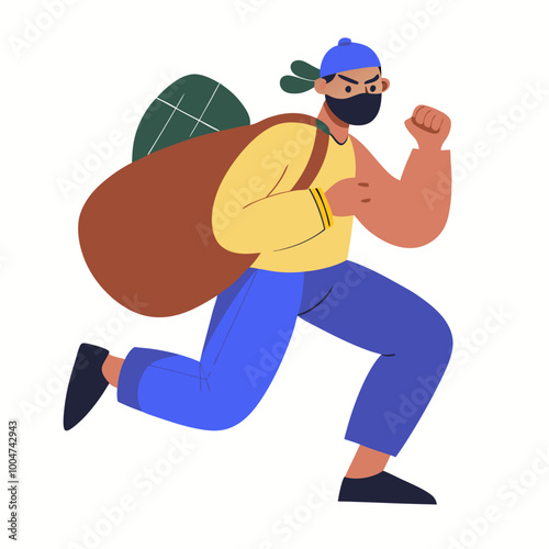 A thief in a black mask on his face is running with a bag in his hand. Flat vector illustration on white background.