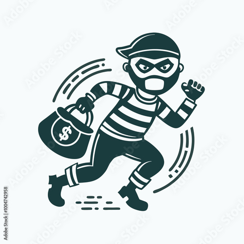 A thief in a black mask on his face is running with a bag in his hand. Flat minimalistic vector illustration on white background.
