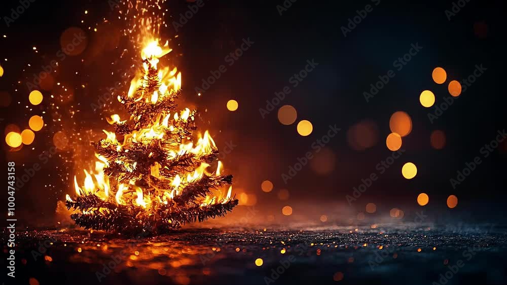 Burning Christmas Tree Seamless Looping Background with Bokeh