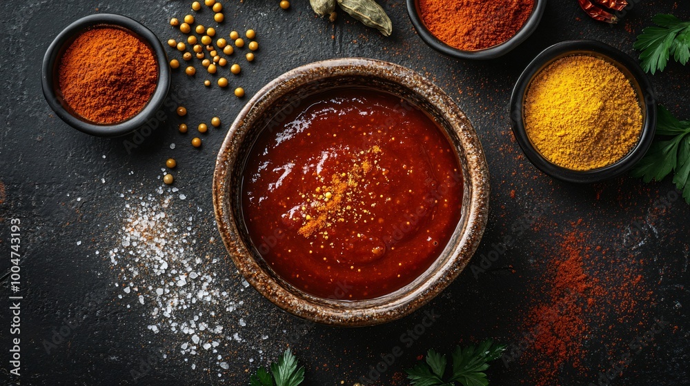 Bold barbecue sauce in a rustic bowl surrounded by molasses, brown sugar, mustard seeds, and chili powder Bold barbecue sauce in a rustic bowl surrounded by molasses, brown sugar, mustard seeds, and chili powder