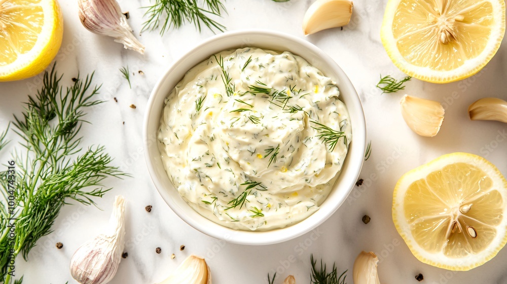 Creamy garlic aioli in a white bowl surrounded by roasted garlic, lemon slices, and fresh dill, set on a marble surface Creamy garlic aioli in a white bowl surrounded by roasted garlic, lemon slices, and fresh dill, set on a marble surface